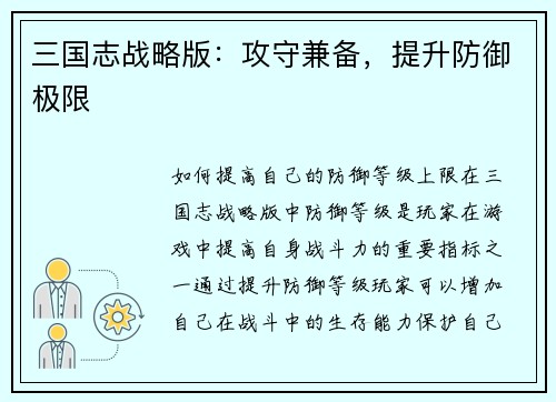 三国志战略版：攻守兼备，提升防御极限